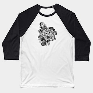 Black Rose Flower Tatto Style Black and White Botanical Illustration Baseball T-Shirt